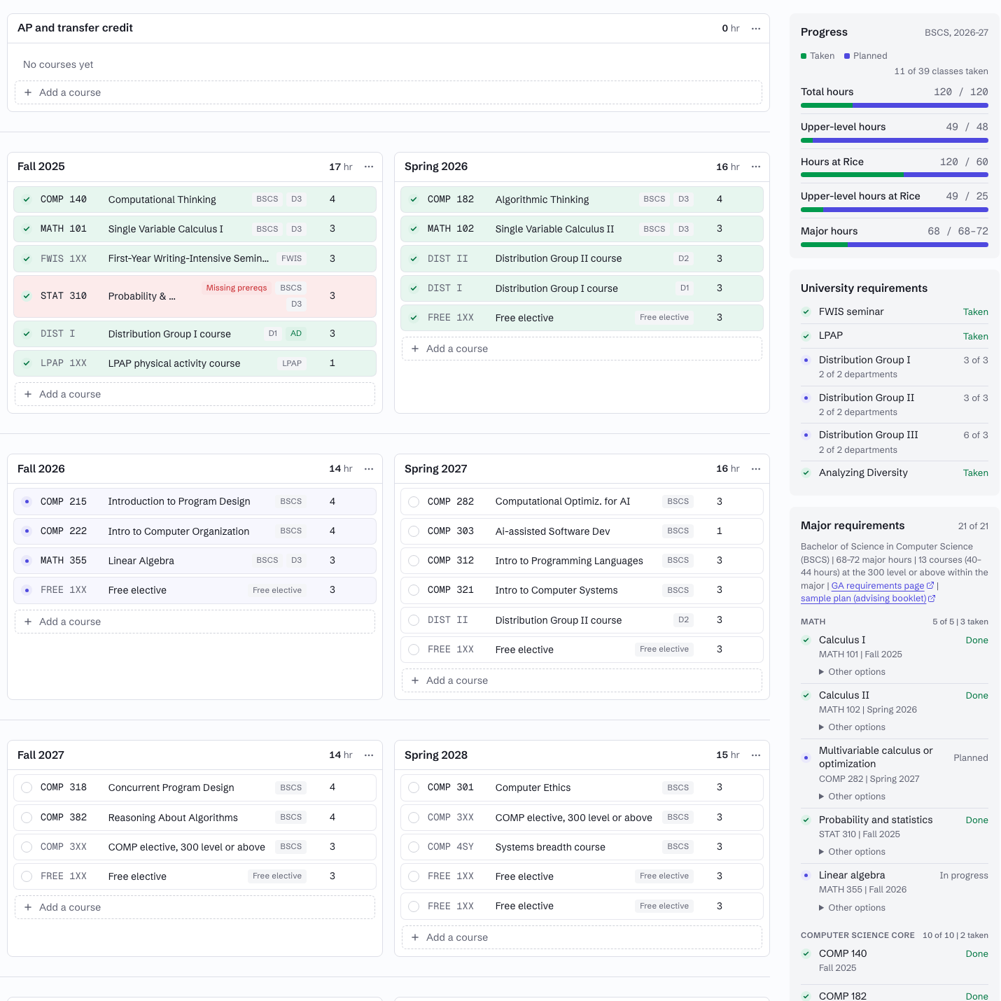 The Vima planner: term cards with courses, credits and requirement tags